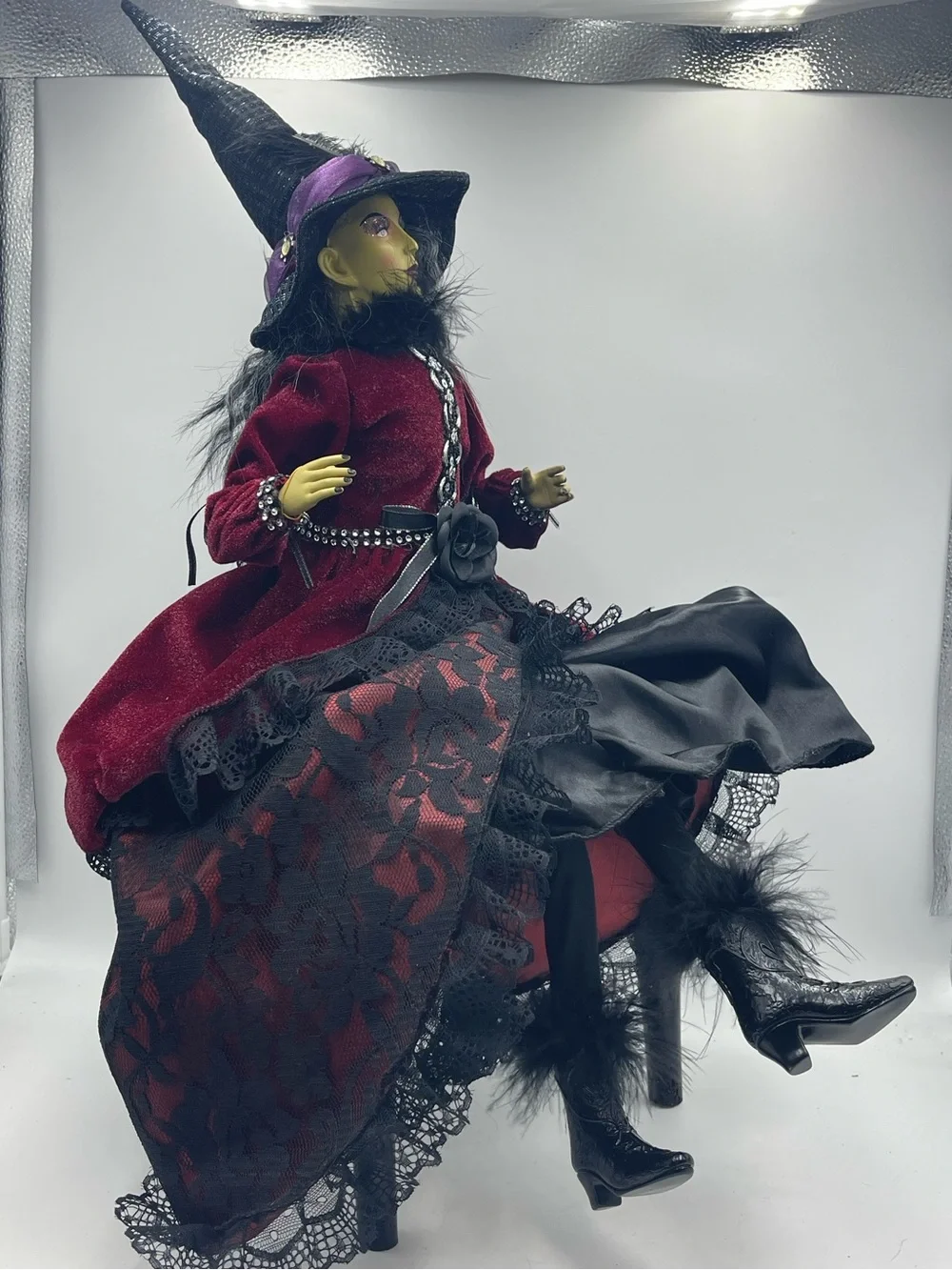 28” Whimsical Halloween Gothic Victorian Wicked Witch Shelf Sitter w/ Green Face